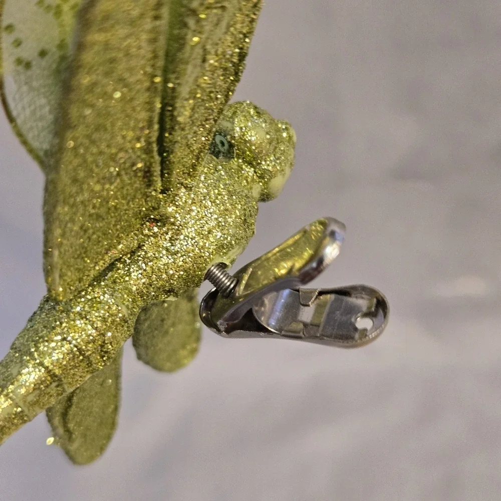 Large Green Glitter Dragonfly Clip On Christmas Ornament Jeweled 6